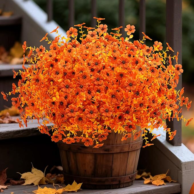 Artificial Mums Fall Fake Flowers for Outdoors, 12 Bundles Faux Mums for Outdoor Planters Autumn Decorations,UV Resistant Silk Flowers Plastic Plants for Outside Front Porch Garden Patio Home Decor