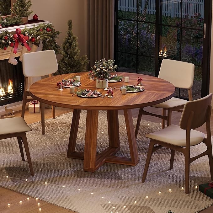 GAOMON Round Dining Table for 4-6, 47" Circle Dining Room Table with Sturdy Cross Base, Farmhouse Wood Dinner Table for Apartment Kitchen Living Room, Walnut (Table Only)
