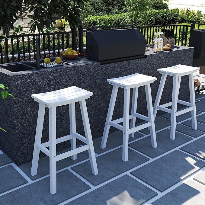 nalone 29 Inch Outdoor Bar Stools Set of 2, HDPE Bar Chairs with Footrest, Weather Resistant Barstools Outside Counter Height Stools for Patio Yard (White, 29'' Barstools Set of 2)