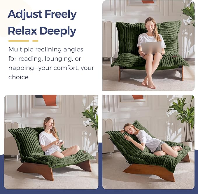 MAXYOYO Adjustable Living Room Chair, 3-Position Bean Bag Chair with Removable Cover, Upholstered Accent Chair with Frame, Soft Reclining Lounge for Bedroom, Apartment, Office, Green