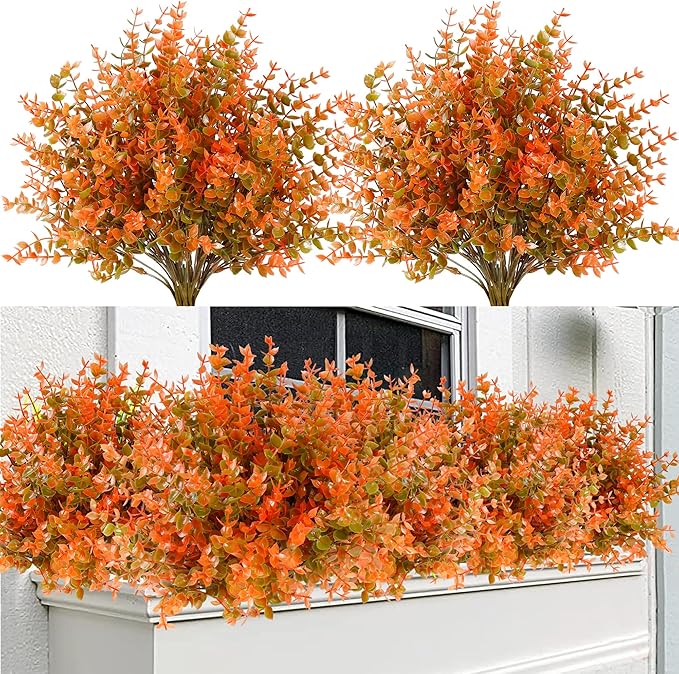 Sggvecsy 12 Bundles Artificial Eucalyptus Fall Plant Fake Bushes Boxwood Shrubs Outdoor Greenery UV Resistant Plants Faux Plastic Plants for Home Garden Indoor Fall Thanksgiving Autumn Decor(Fall)