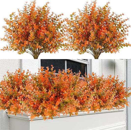 Sggvecsy 12 Bundles Artificial Eucalyptus Fall Plant Fake Bushes Boxwood Shrubs Outdoor Greenery UV Resistant Plants Faux Plastic Plants for Home Garden Indoor Fall Thanksgiving Autumn Decor(Fall)