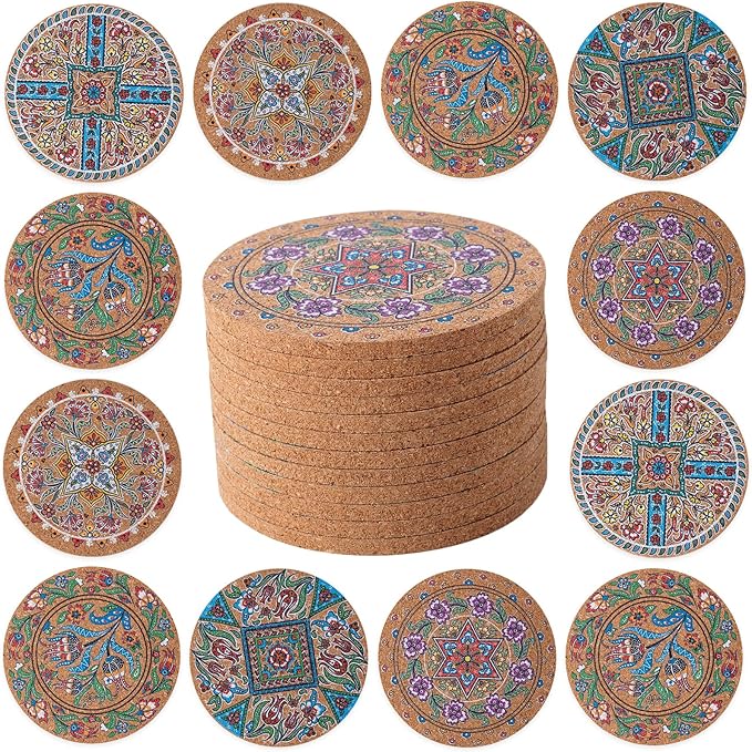 Coasters for Drinks 12 pcs Absorbent Cork Coasters with Turkish Mandala Pattrn for Coffee Table Housewarming Gifts for New Home Present for Friends, Living Room Decor, Apartment Decor
