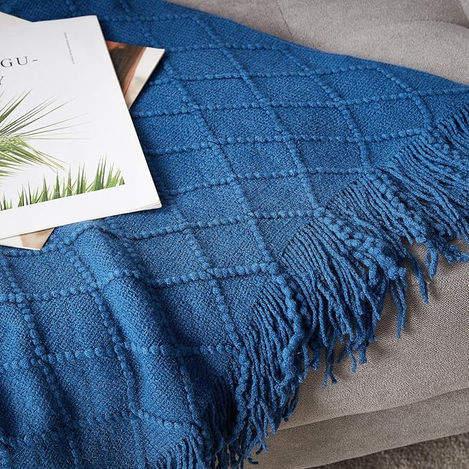 BOURINA Royal Blue Throw Blanket 50x60 Inches Throw Textured Solid Soft Sofa Couch Decorative Knit Blanket