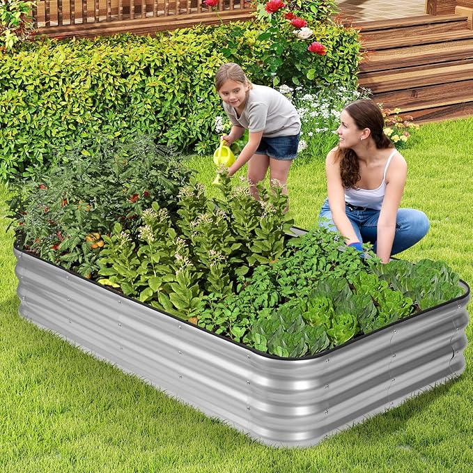 1MORE Raised Garden Bed -5X3X1 Galvanized Planter Box for Outdoor Gardening,4 in 1 Modular Raised Bed Kit with Protective Tape, Gloves for Herb，Ideal for Vegetables and Plants.sliver-1Pcs