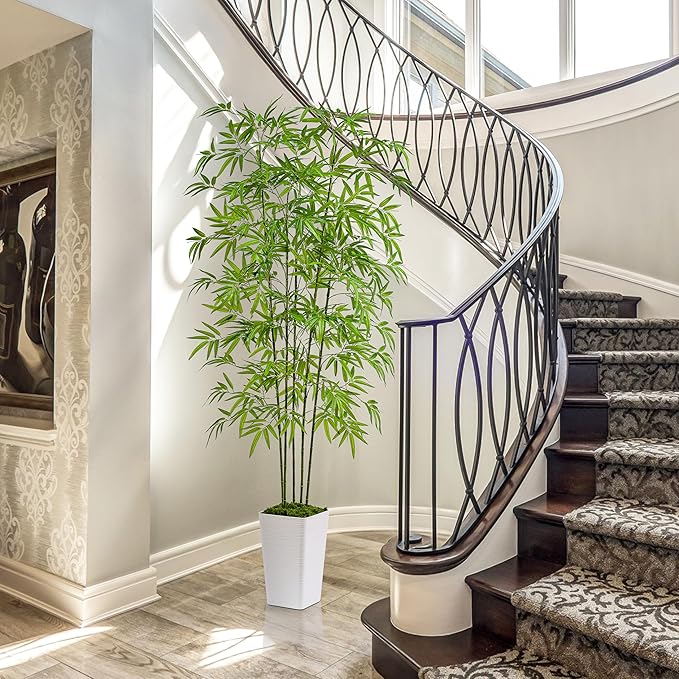 Artificial Bamboo Tree 6FT Tall Fake Plants Faux Bamboo Plant with White Tall Planter, Artificial Fake Trees Silk Plant with 5 Trunks and Lifelike Leaves for Home Office Indoor Outdoor Decor