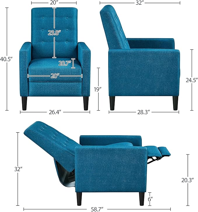 Yaheetech Fabric Recliner Chair Mid-Century Modern Recliner Adjustable Single Recliner Sofa with Thicker Seat Cushion Tufted Upholstered Sofa with Pocket Spring for Living Room Bedroom Blue