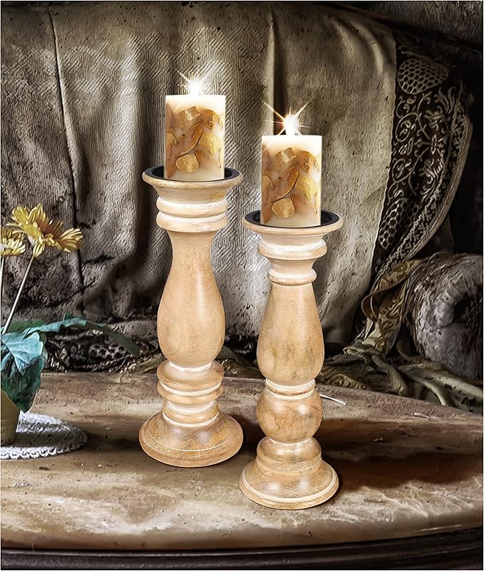 Candle Holder Set of 2 – White Wash Finish Wooden Pillar Stands – 12x4.5 inch, Decorative Candle Holders for Table Centerpiece, Wedding, Party, Home Décor, Spa, Farmhouse Gift