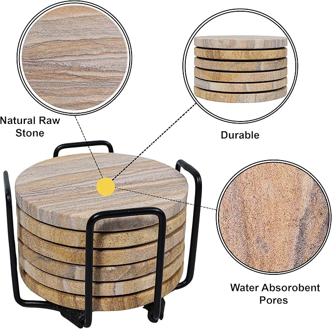 Sandstone Water Absorbent Hand Crafted Round Coasters for Drinks - 4 Inches Wide Thirsty Stone Bar/Drink Coasters- Made from Rainbow Sandstone (Set of 4 with Holder)
