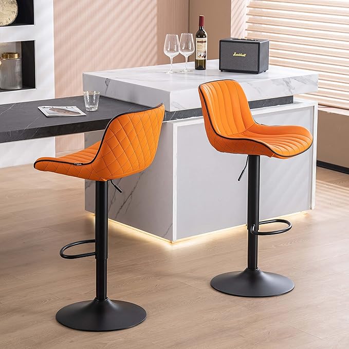 YOUNUOKE Orange Bar Stools Set of 2, Height Adjustable, 360° Swivel, Faux Leather Upholstered Barstools with Back, Mid-Century Modern Design, Stools for Kitchen Island, Home Bar, Bistro, Restaurant