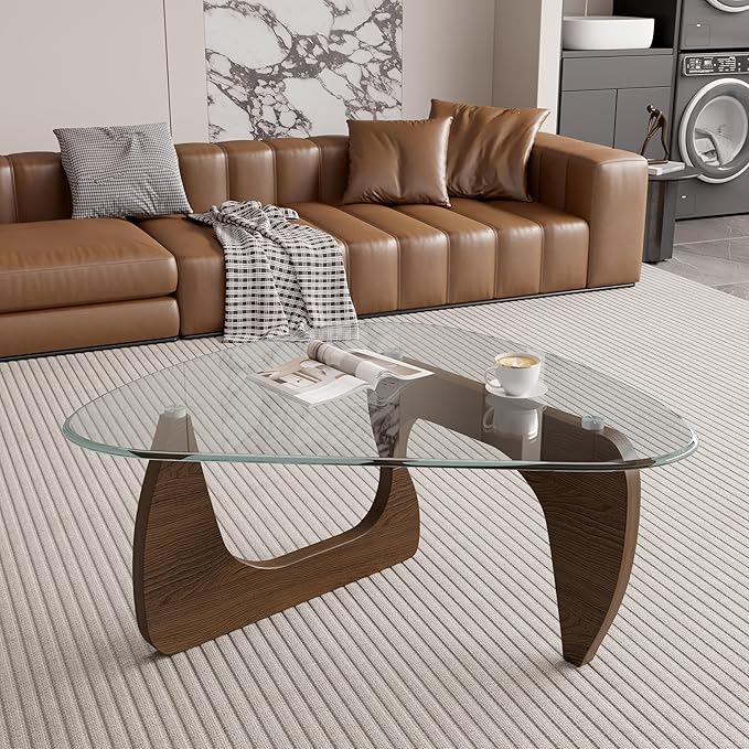 Modern Glass Coffee Table, Triangle Center Table with Tempered Glass Top& Unique Wooden Base, 42.5” Mid Century Tea Tables for Living Room, Apartment, Office,Walnut &Transparent