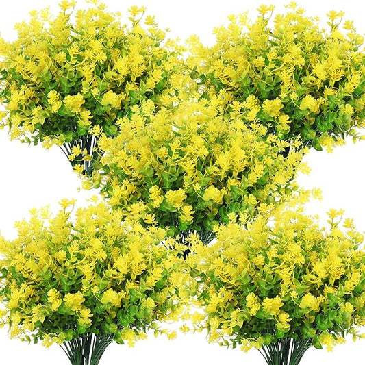 RECUTMS Spring Greenery 10 Bundles Artificial Fake Flowers, Artificial Boxwood Plants,Faux Outdoor Plastic Plants UV Resistant Shrubs Fake Outdoor Plants Outside Indoor Decorations(Yellow)