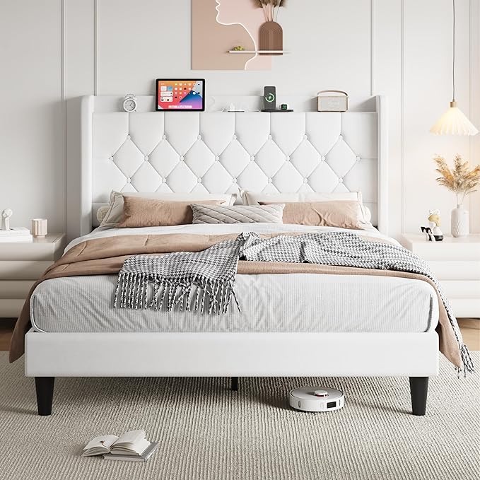SHA CERLIN Full Size Platform Bed Frame with Charging Station, Velvet Wingback Headboard with Storage Shelf, Wooden Slats Support, Ample Under-Bed Space, No Box Spring Needed, Easy Assembly, White