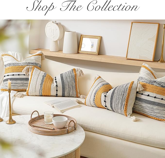 BlissBlush Fall Boho Decorative Throw Pillow Cover 22x22 Square Yellow Mustard Accent Pillowcase Tassels Farmhouse Cushion for Couch Sofa Bedroom Living Room Home Décor Cover ONLY (Pack of 1)