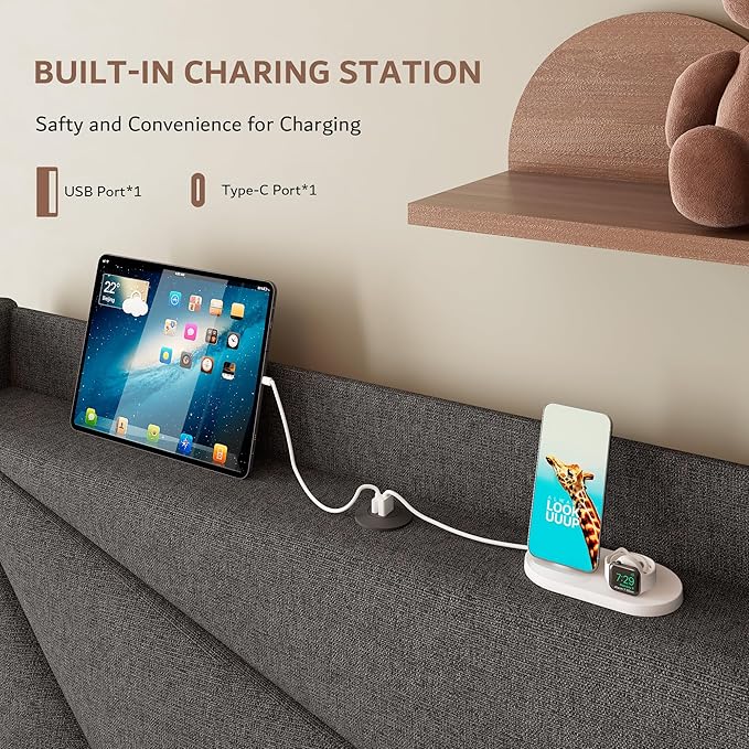 iPormis Twin Size Bed Frame with Charging Station, Linen Platform Bed Frame with Wingback Upholstered Headboard, Solid Wood Slats Support, No Box Spring Needed, Easy Assembly, Dark Grey