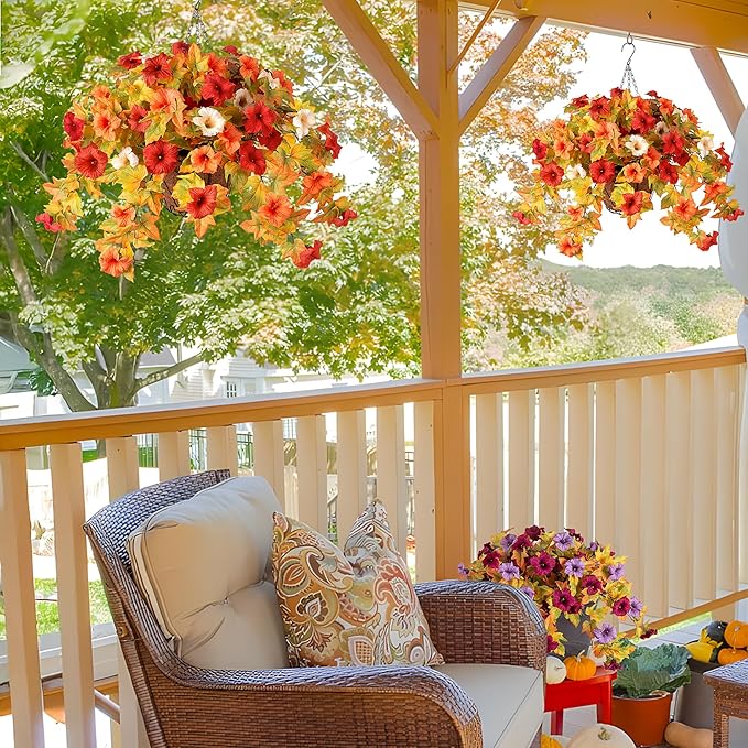 Artificial Fake Fall Flowers with Hanging Basket Plants for Outdoor Autumn Decoration,Silk Faux Flower UV Resistant Petunias for Home Porch Patio Garden Balcony Yard Decor Real Looking(Orange White)