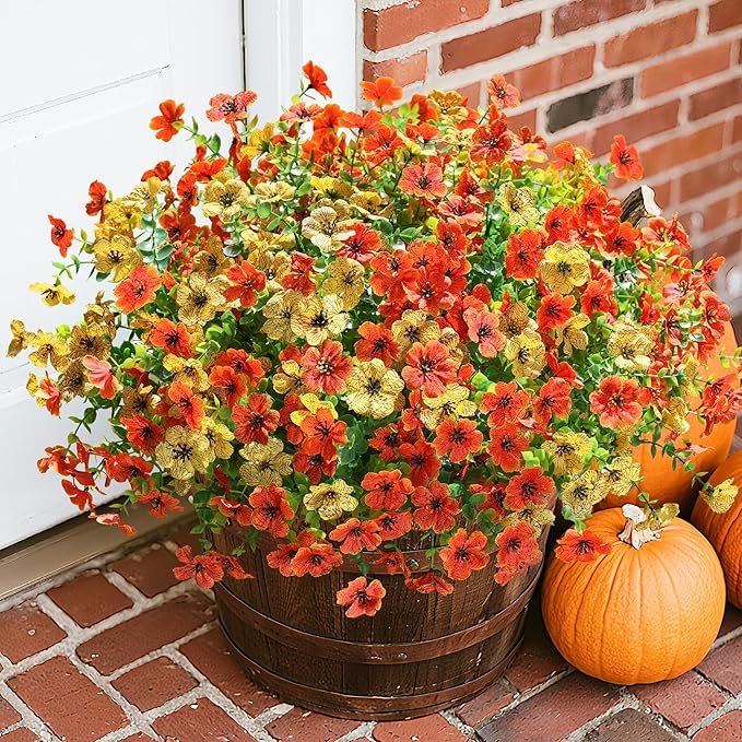 Artificial Fall Flowers Fake Mums for Outdoor Autumn Decoration, 12 Bundles Faux Silk Orange Yellow Mums Daisy Look Real UV Resistant for Outside Home Porch Patio Planter