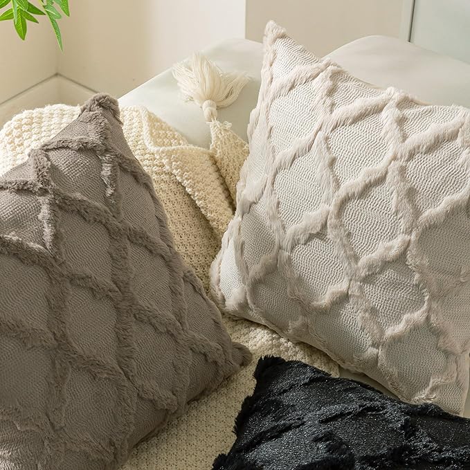 Set of 2 Soft Moroccan Throw Pillow Covers 20x20 Inch Plush Boho Decorative Pillow Cover Accent Cushion Case for Couch Sofa Bed, Beige