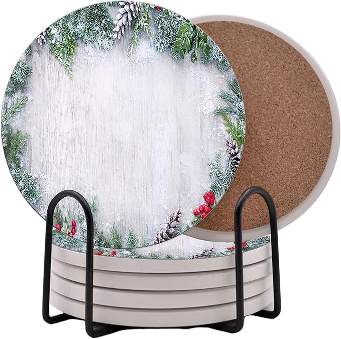 Winter Wintertime Snow Season Round Coasters Set of 6 - Abosrbent Ceramic Coasters with Metal Stand for Drinks, Coffee, Non-Slip Cork Back for Tabletop Protection, 4 Inches (Holly)
