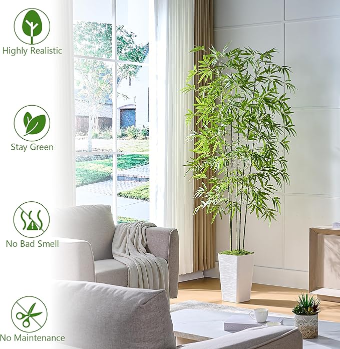 Artificial Bamboo Tree 6FT Tall Fake Plants Faux Bamboo Plant with White Tall Planter, Artificial Fake Trees Silk Plant with 5 Trunks and Lifelike Leaves for Home Office Indoor Outdoor Decor