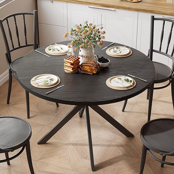 ChooChoo 47.2 Inch Round Dining Table for 4, Farmhouse Wood Kitchen Table, Circle Dinner Table for Kitchen & Dining Room, Black