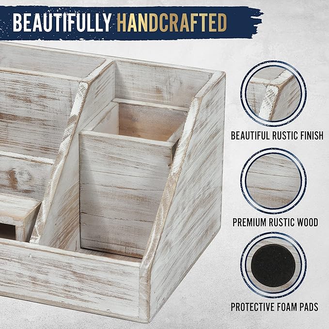 HBCY Creations Rustic Wooden Desk Organizer Set, 3-Piece Whitewashed Mail Organizer for Desktop - Great for Rustic or Industrial Home Decor