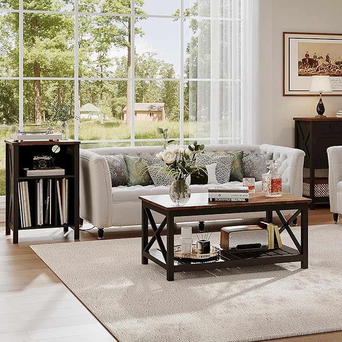 ChooChoo Record Player Stand with Vinyl Storage, Turntable Stand with Charging Station, Record Storage Cabinet, End Side Table for Living Room, Bedroom, Black