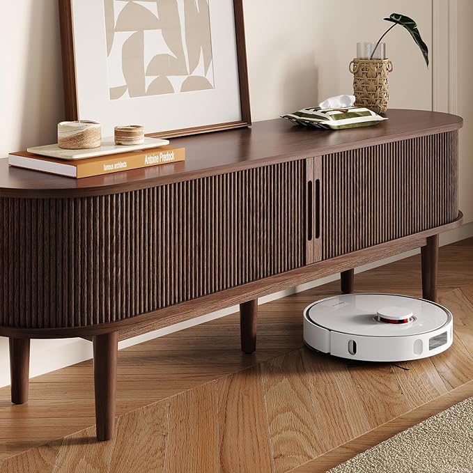 LINSY 58" Fluted TV Stand, Modern Entertainment Center for TVs Up to 65 inches, TV Console with Sliding Doors, Curved Profile Design, Media Console for Living Room, Walnut