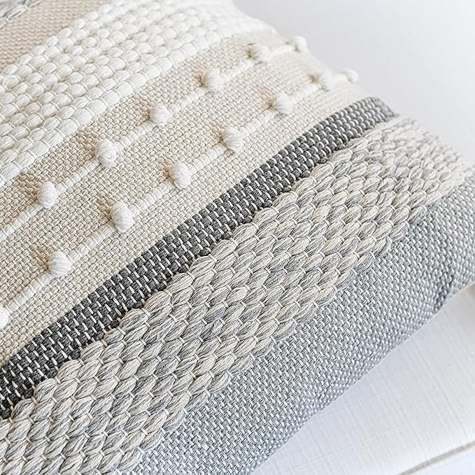 BlissBlush Gray Boho Throw Pillow Cover 20x20 Grey Decorative Accent Pillow for Couch Square Woven Textured Pillowcase Modern Farmhouse Pillow for Bed Bohemian Pillow Cover (Pack of 1)
