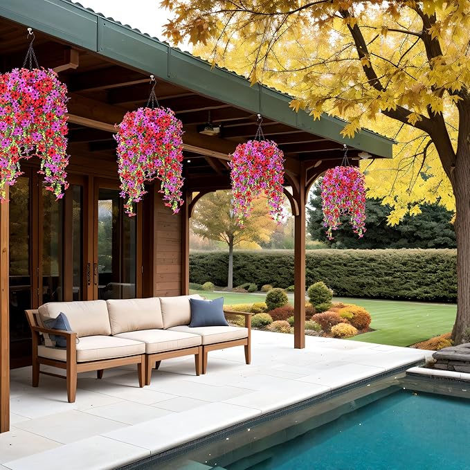 Fake Artificial Hanging Flowers for Outdoors Fake Plants Decoration, 2 Bundles Faux Silk Colorful Daisy Eucalyptus Realistic UV Resistant for Outside Home Planter Porch Patio Yard Decor(Purple Red)