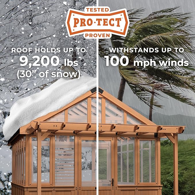 Backyard Discovery Bellerose XL 13' x 11' Cedar Wood and Polycarbonate Walk-in Greenhouse Kit with Pergola, Exhaust Fan, Windows, Hose Hook-Ups, PowerPort, Staging Shelves for Outdoor Gardening