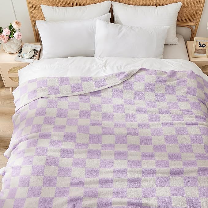 JOOJA Soft Cozy Checkerboard Lilac Fluffy Knit Throw Blanket for Couch Plaid Checkered Blanket Lilac 60x80 in