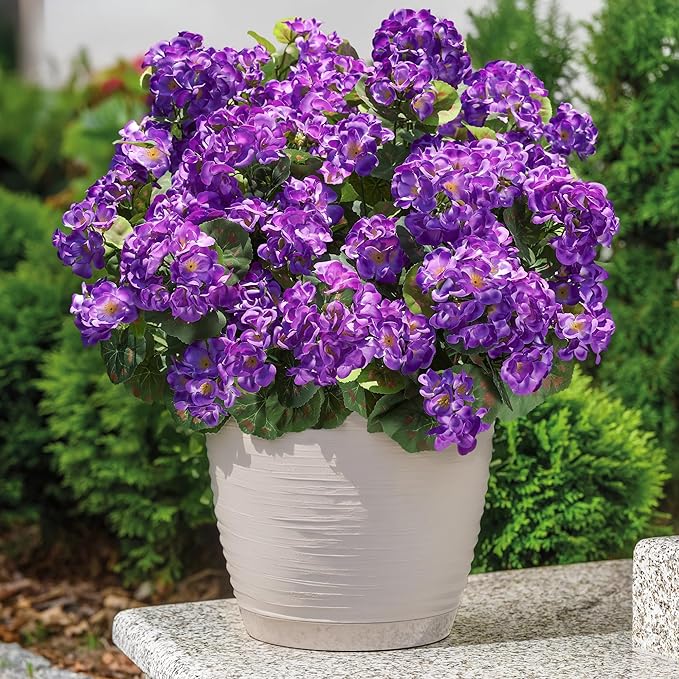 Artificial Geranium Fake Flowers for Outdoors Decoration, 6 Bundles Silk Geraniums Flower UV Resistant Look Real Faux Plants for Outside Planter Front Door Garden Patio Balcony Yard Home, Purple