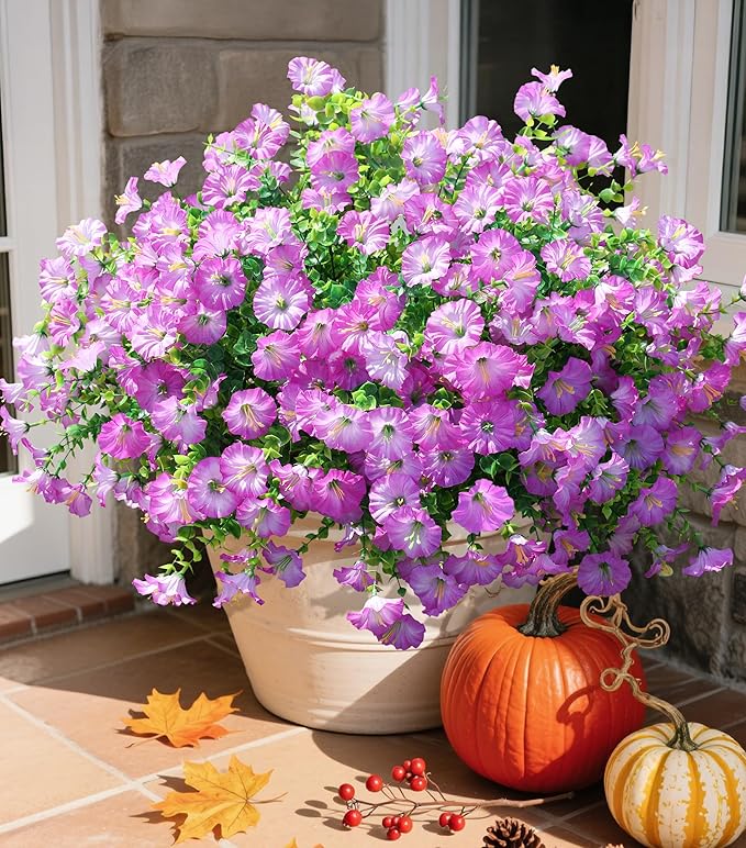 Artificial Flowers Fake Plants for Outdoors Decoration, 12 Bundles Purple Silk Morning Glory with Eucalyptus Realistic UV Resistant Faux Flowers Greenery for Outside Planter Yard Garden Home Indoor