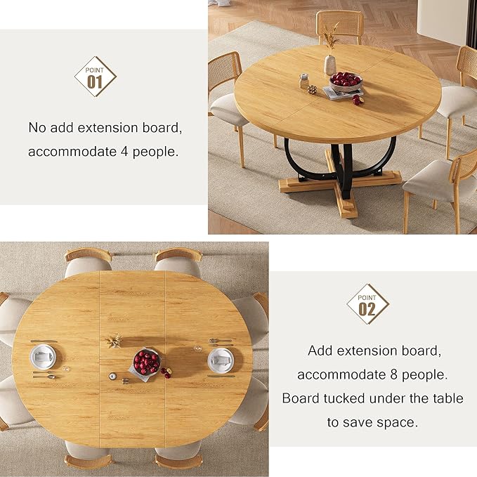 59" Round Extendable Dining Table for 4-6, Modern Oval Kitchen Table with Heavy Duty Curved Legs & Wood X-Based, MDF Board with Spring Buckle, Space Saving, Dining Kitchen Living Room, Oak