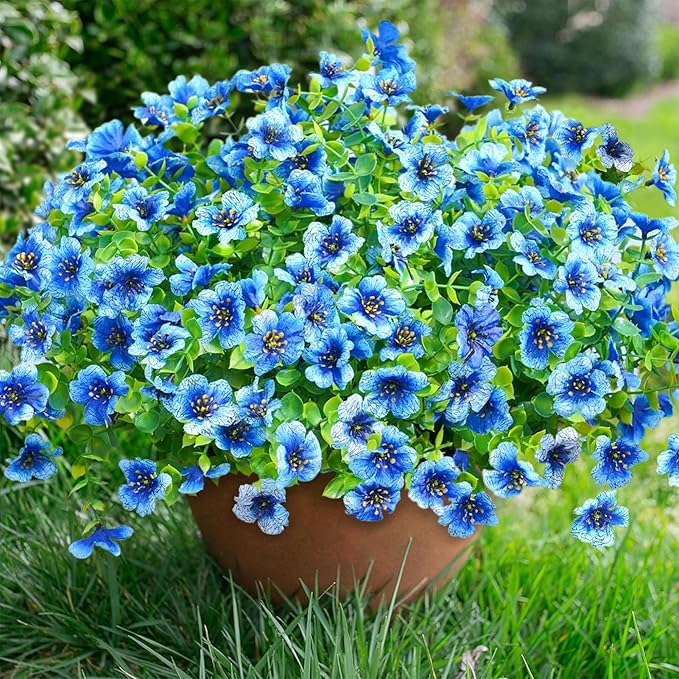 Artificial Fake Plants Flowers for Outdoor Outside Summer Decoration, 12 Bundles Faux Silk Blue Daisy UV Resistant Look Real for Porch Patio Home Yard Garden Planter
