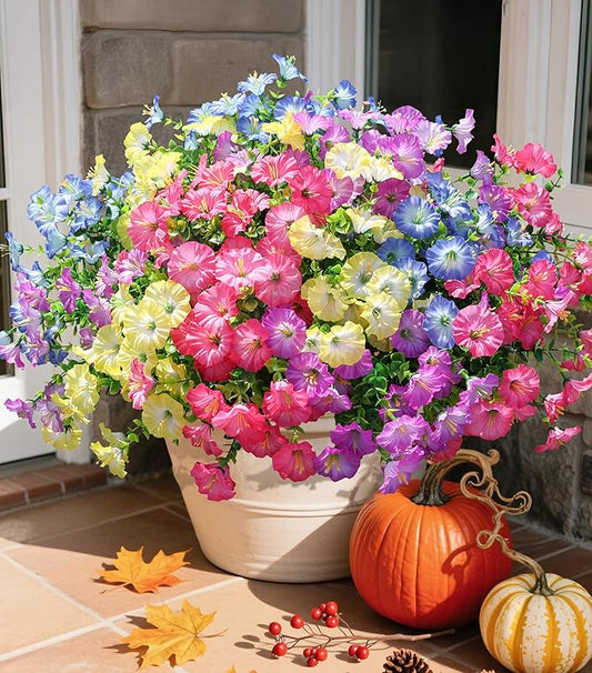 Artificial Flowers Fake Plants for Outdoors Decoration, 12 Bundles Silk Morning Glory with Eucalyptus Realistic UV Resistant Faux Flowers for Outside Planter Porch Yard Patio Garden Home Indoor, Mix