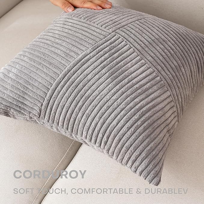 Decorative Throw Pillow Covers 20x20 Inch Set of 2 for Boho Living Room Farmhouse Home Decor, Spring Pillow Covers for Couch Bed, Soft Corduroy Striped Patchwork Cushion Cases, Light Gray