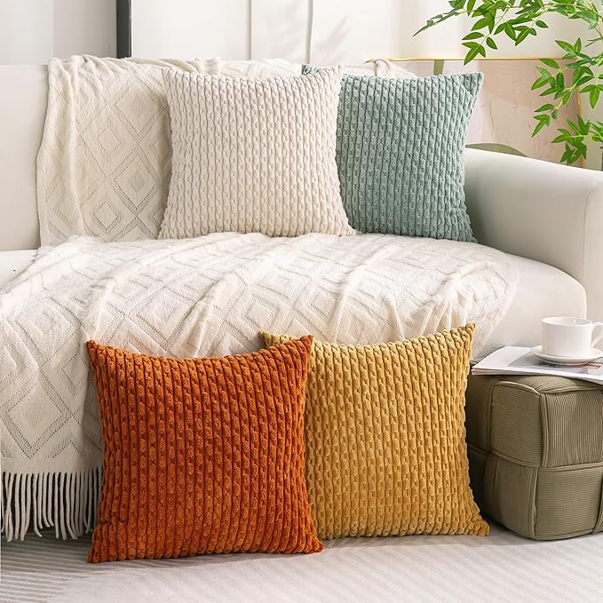 Set of 4 Yellow Rust Aqua Decorative Throw Pillow Covers 16x16 Inch Corduroy Pillow Covers for Bed Couch Sofa Living Room Soft Square Cushion Cases