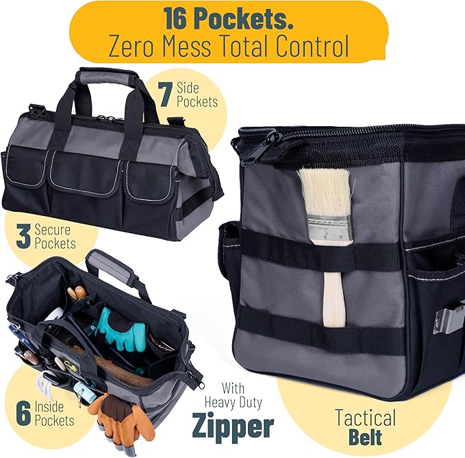 Garden Tool Bag Organizer – 13 Pocket Heavy-Duty Gardening Tote with 7 Outer & 6 Inner Compartments, Anti-Slip Base, Adjustable Shoulder Strap & Belt – Garden Organizers and Storage (Grey)