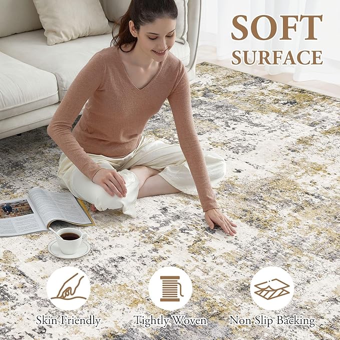 Area Rugs for Living Room: 7X9 Large Soft Washable Rug Modern Abstract Non-Slip Backing Stain Resistant Carpet for Bedroom Dining Room or Home Office Home Decor -Gray Gold