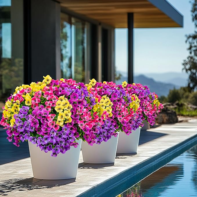 Artificial Flowers Outdoor Fake Plants - 16 Bundles UV Resistant No Fade Faux Shrubs Plastic Greenery Home Garden Porch Patio Decoration (1, Multi02-16pcs)