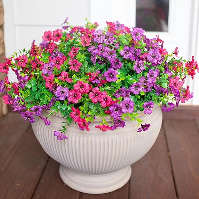 Artificial Flowers for Outdoor Indoor Garden Home Decoration, Faux Flower Daisy with Eucalyptus Leaves Fake Plants Greenery Boxwood Porch Patio, 12 Bundles (Purple Pink)