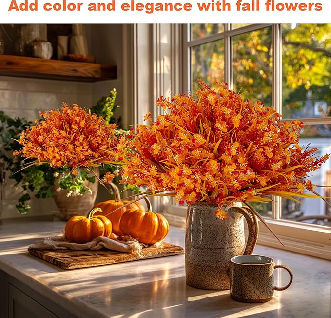 Artificial Fall Flowers Outdoor Fake Mums - 16 Bundles Fake Plants UV Resistant No Fade Faux Plastic Greenery Garden Porch Patio Fall Home Decor (1, OrangeYellow)