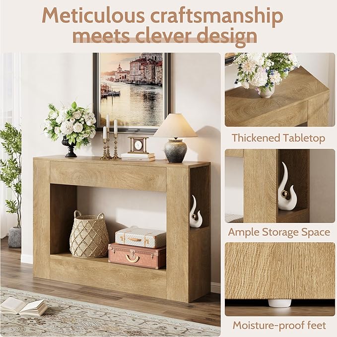 Farmhouse Console Table with Drawer, 47'' Wood Entryway Table with Storage Shelves, Narrow Sofa Table Behind Couch for Living Room, Hallway, Foyer (Natural)