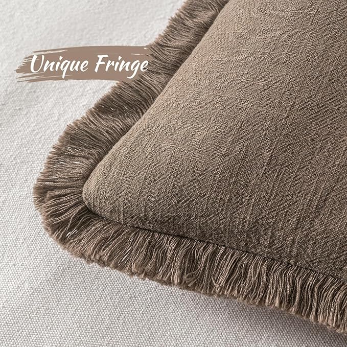 MIULEE Decorative Throw Pillow Covers Neutral Linen Fringe Throw Pillows Euro Shams Set of 2 Cocoa Brown Boho Farmhouse Cushion Covers for Couch Sofa Bed Living Room Spring Home Decor 24x24 Inch