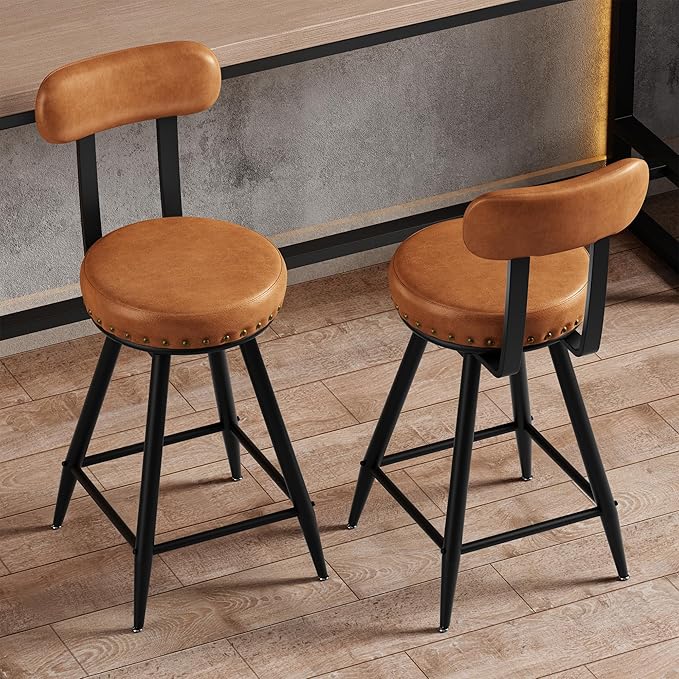 IRONCK Counter Height Bar Stools Set of 2, 26" Swivel Barstools with Backs, Hand-Riveted Design, Wide Seat, PU Leather Upholstered, Armless Bar Chairs for Kitchen Island, Brown