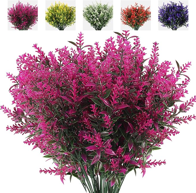 RECUTMS 8 Bundles Artificial Flowers Fake Outdoor Plants Faux Lavender Flower Plastic Shrubs Faux Flowers Fake Ferns Winter Artificial Fowers for Outdoors Indoor Outside Hanging Decorations (Fuchsia)