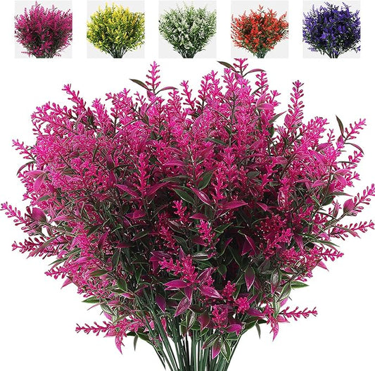 RECUTMS 8 Bundles Artificial Flowers Fake Outdoor Plants Faux Lavender Flower Plastic Shrubs Faux Flowers Fake Ferns Winter Artificial Fowers for Outdoors Indoor Outside Hanging Decorations (Fuchsia)