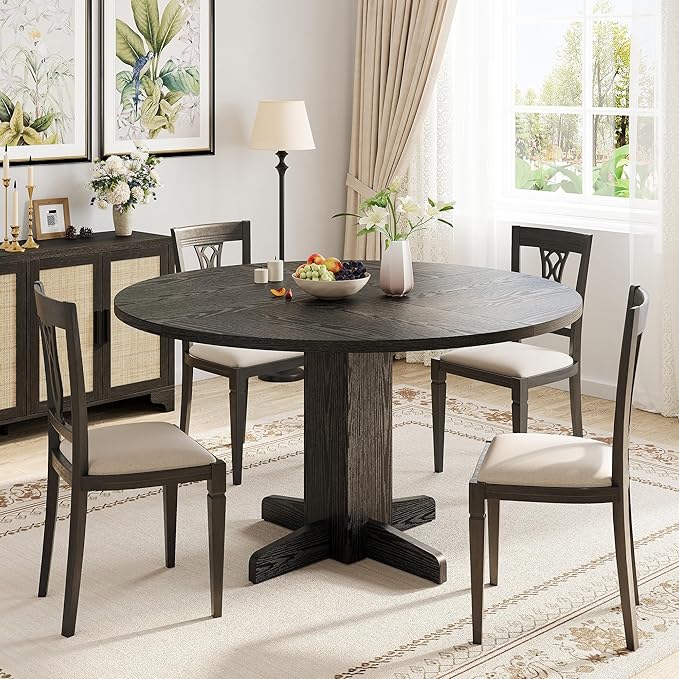 Garvee Round Dining Room Table for 4-6, 47" Wood Kitchen Table with Sturdy Pedestal Base, Farmhouse Circle Dinner Tables for Living Room, Apartment, Black